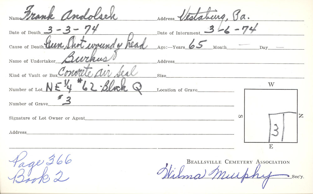 Frank Andolsek burial card